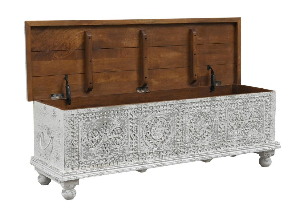 54" White Solid Wood Medallion Ottoman With Storage