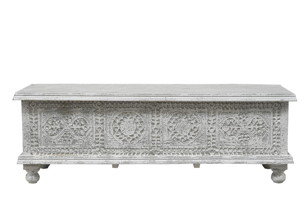 54" White Solid Wood Medallion Ottoman With Storage