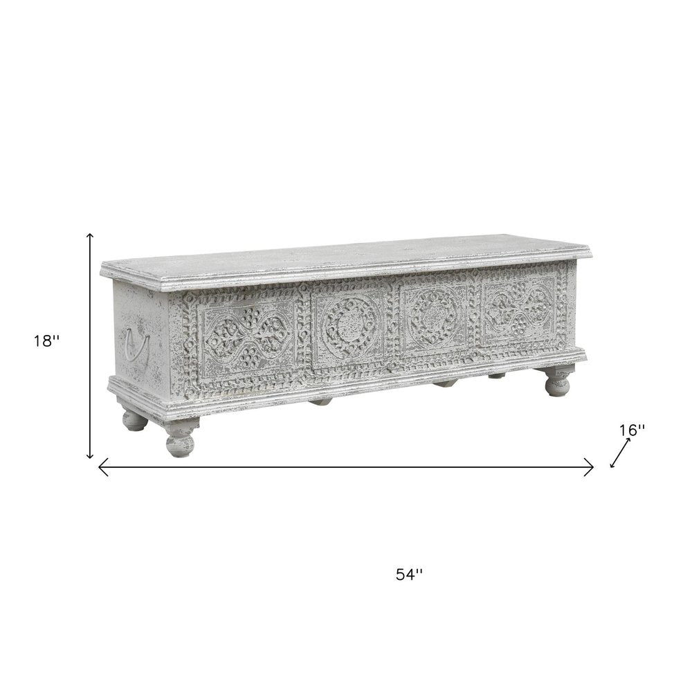 54" White Solid Wood Medallion Ottoman With Storage
