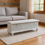 54" White Solid Wood Medallion Ottoman With Storage