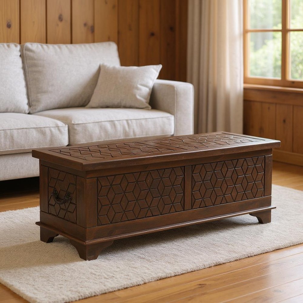52" Brown Solid Wood Geometric Ottoman With Storage