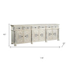 118" White Distressed Solid Wood Carved Floral Six Drawer Sideboard with Six Doors