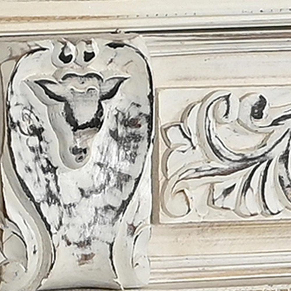118" White Distressed Solid Wood Carved Floral Six Drawer Sideboard with Six Doors