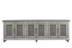 111" Gray Distressed Solid Wood Carved Floral Sideboard with Six Doors