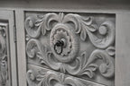 106" Gray Distressed Solid Wood Carved Floral Three Drawer Sideboard with Four Doors