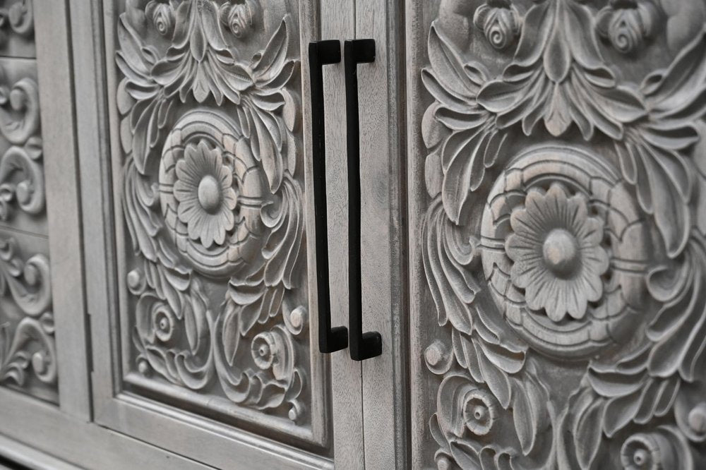 106" Gray Distressed Solid Wood Carved Floral Three Drawer Sideboard with Four Doors