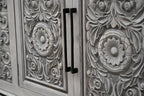 106" Gray Distressed Solid Wood Carved Floral Three Drawer Sideboard with Four Doors