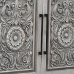 106" Gray Distressed Solid Wood Carved Floral Three Drawer Sideboard with Four Doors