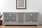 106" Gray Distressed Solid Wood Carved Floral Three Drawer Sideboard with Four Doors