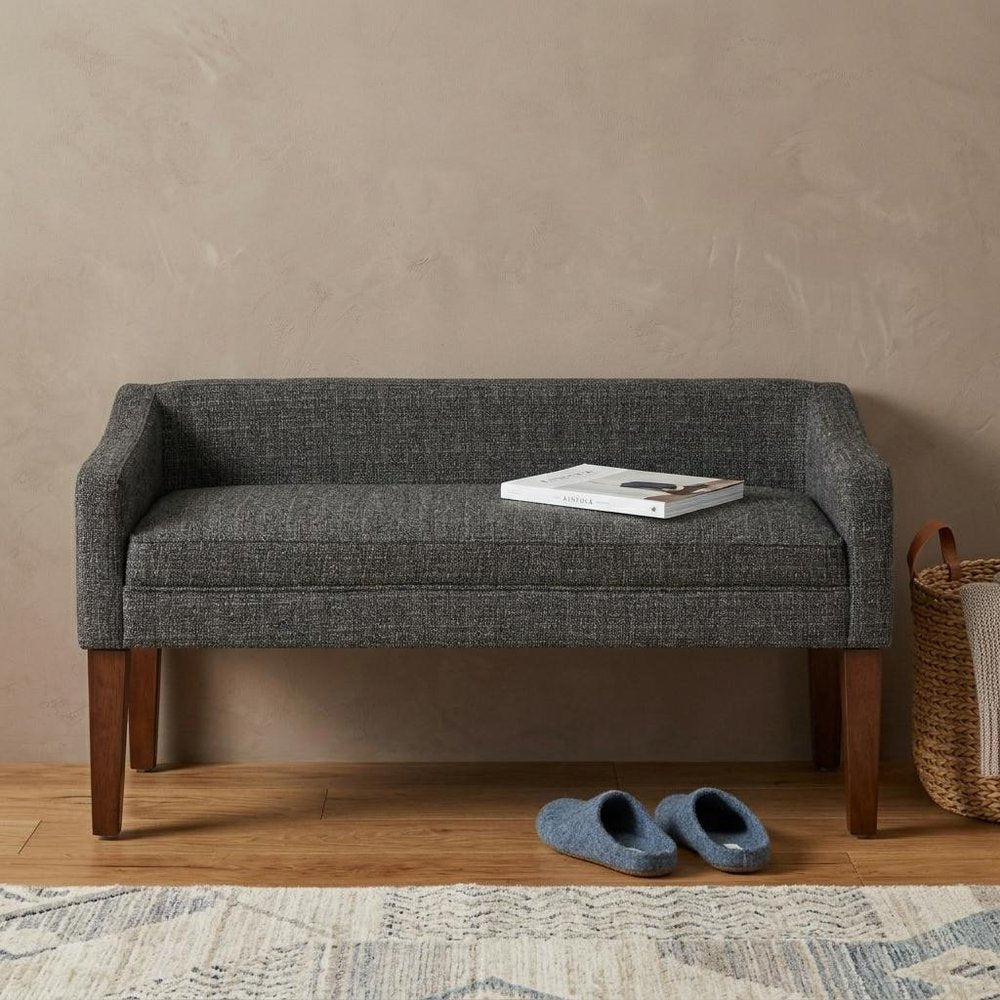 50" Dark Gray and Brown Fabric and Wood Upholstered Bench
