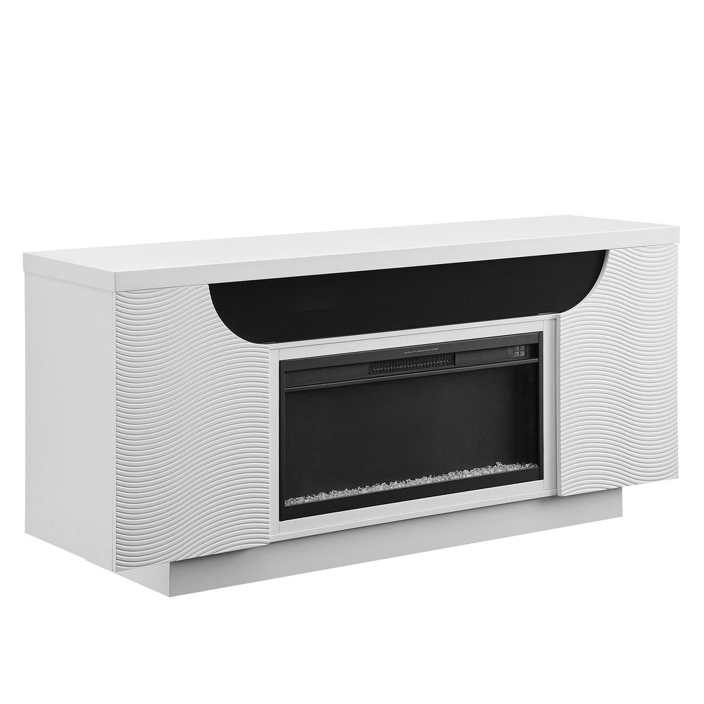 76" White Ribbed Wood Electric Storage Cabinet Fireplace With LED And Speaker