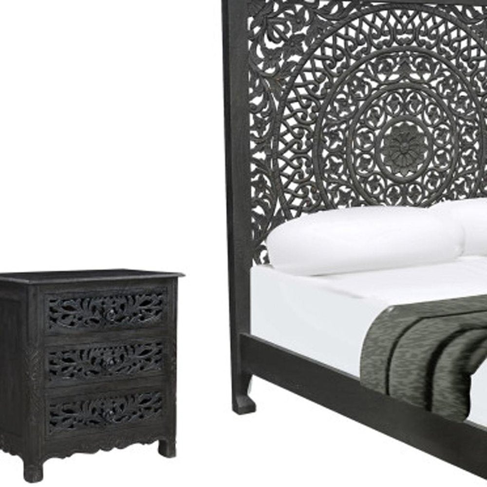Three Piece Black Solid Wood Bedroom Set