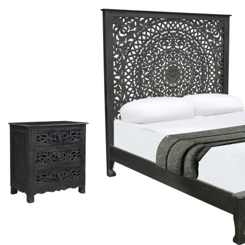 Three Piece Black Solid Wood Bedroom Set