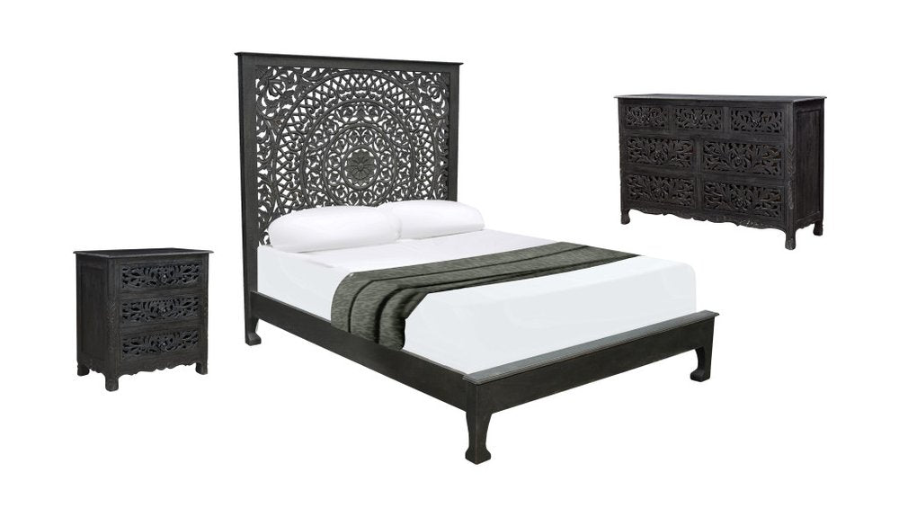 Three Piece Black Solid Wood Bedroom Set
