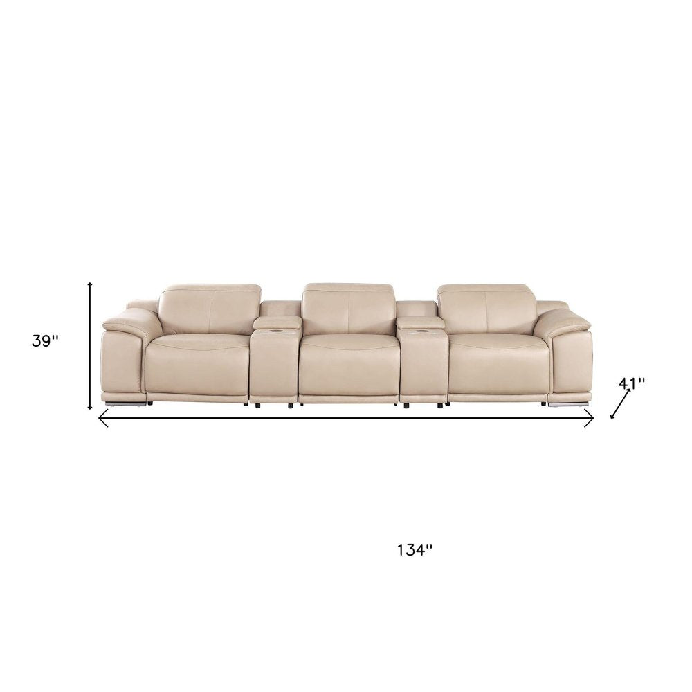 134" Beige Top Grain Leather Reclining USB and Wireless Charger Sofa And Storage