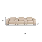 134" Beige Top Grain Leather Reclining USB and Wireless Charger Sofa And Storage