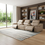 134" Beige Top Grain Leather Reclining USB and Wireless Charger Sofa And Storage