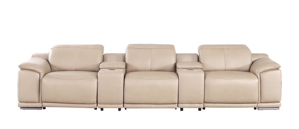 134" Beige Top Grain Leather Reclining USB and Wireless Charger Sofa And Storage