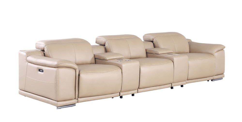 134" Beige Top Grain Leather Reclining USB and Wireless Charger Sofa And Storage