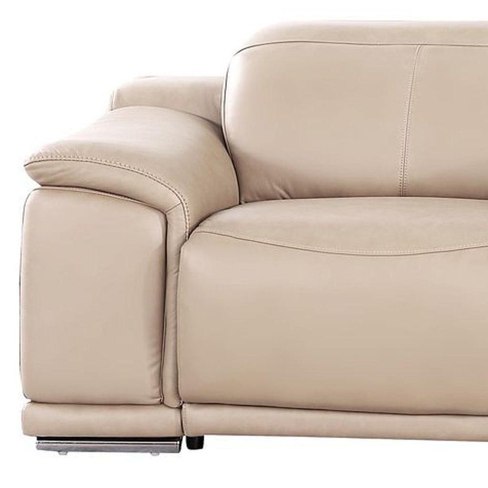 134" Beige Top Grain Leather Reclining USB and Wireless Charger Sofa And Storage