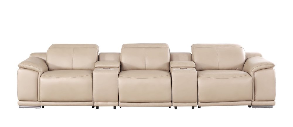 134" Beige Top Grain Leather Reclining USB and Wireless Charger Sofa And Storage