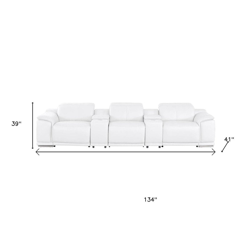134" Beige Top Grain Leather Reclining USB and Wireless Charger Sofa And Storage
