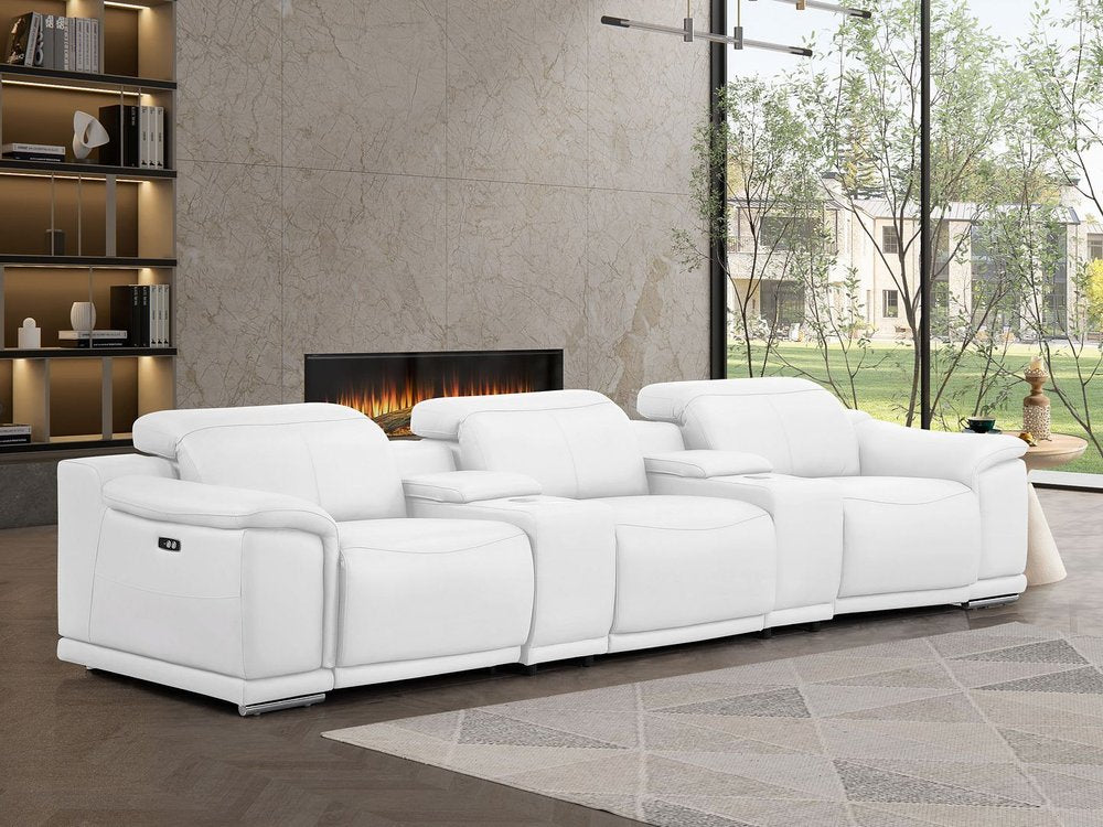 134" Beige Top Grain Leather Reclining USB and Wireless Charger Sofa And Storage