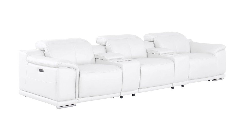 134" Beige Top Grain Leather Reclining USB and Wireless Charger Sofa And Storage