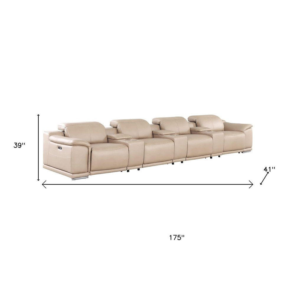 175" Beige Top Grain Leather Reclining USB and Wireless Charger Sofa And Storage