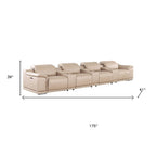 175" Beige Top Grain Leather Reclining USB and Wireless Charger Sofa And Storage