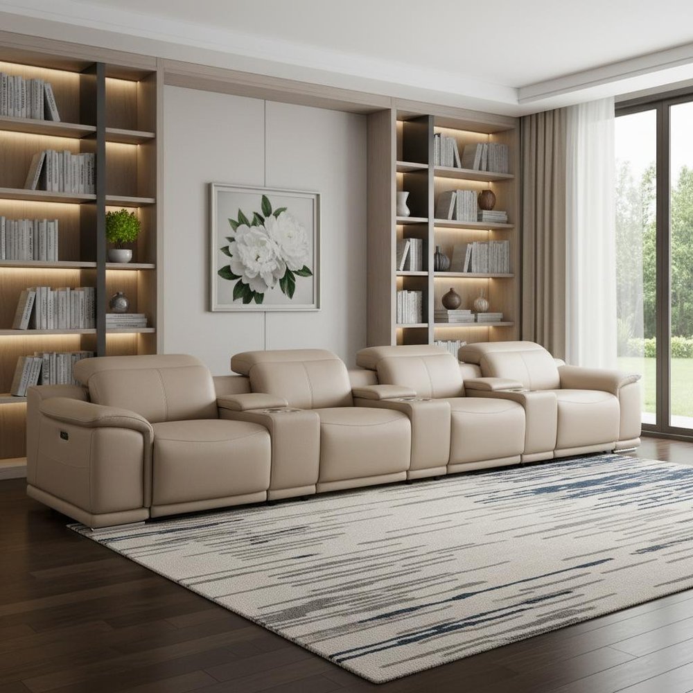 175" Beige Top Grain Leather Reclining USB and Wireless Charger Sofa And Storage