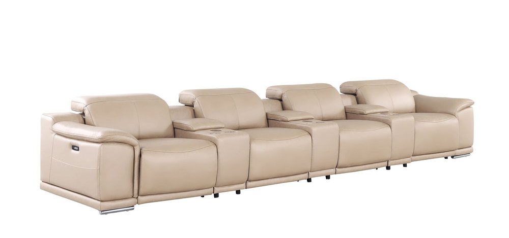 175" Beige Top Grain Leather Reclining USB and Wireless Charger Sofa And Storage