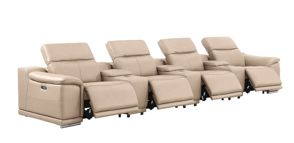 175" Beige Top Grain Leather Reclining USB and Wireless Charger Sofa And Storage