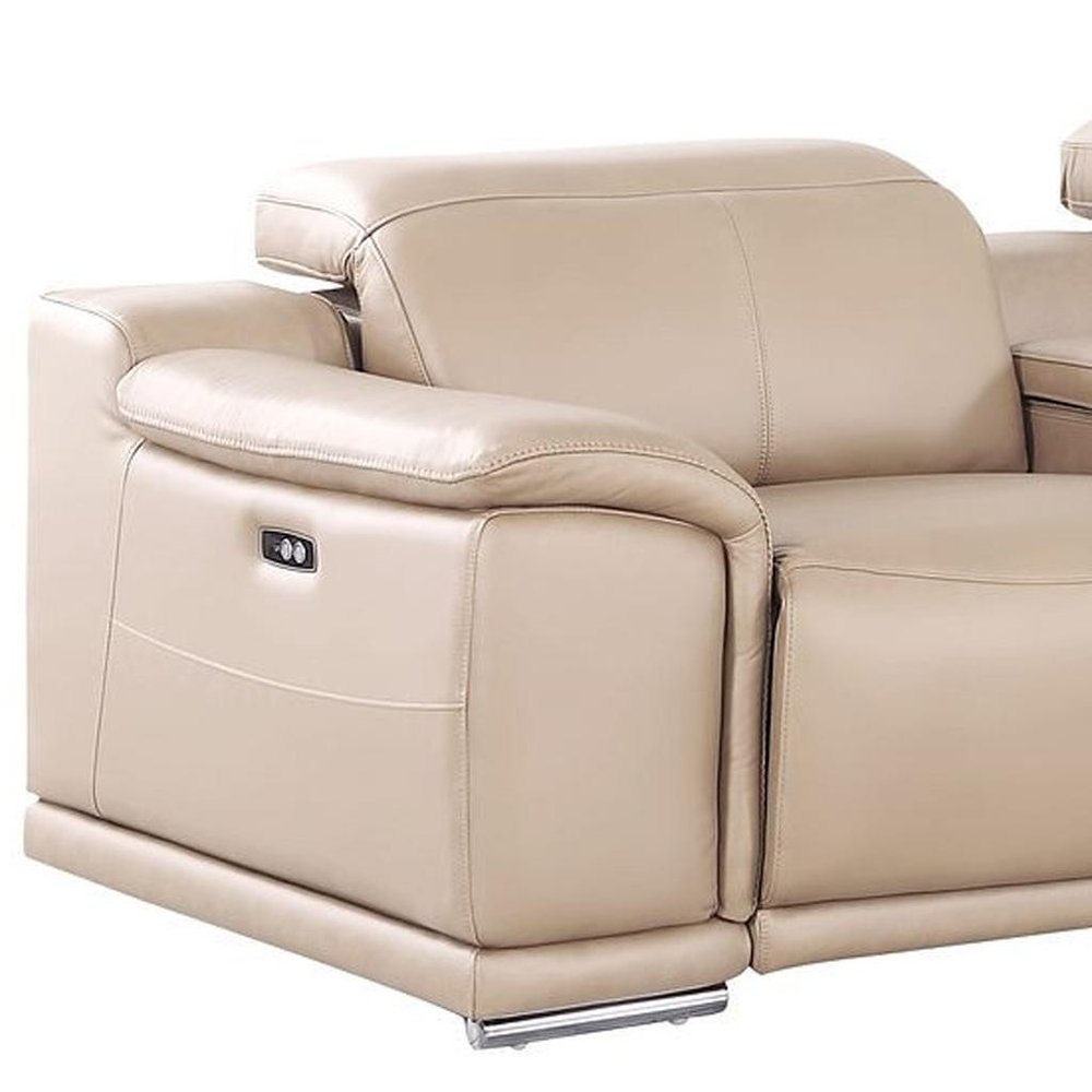 175" Beige Top Grain Leather Reclining USB and Wireless Charger Sofa And Storage