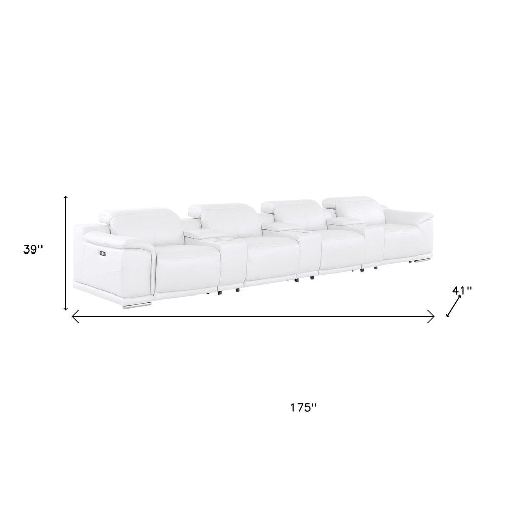 175" Beige Top Grain Leather Reclining USB and Wireless Charger Sofa And Storage