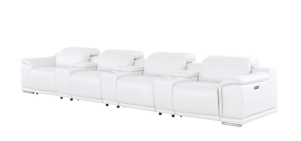 175" Beige Top Grain Leather Reclining USB and Wireless Charger Sofa And Storage