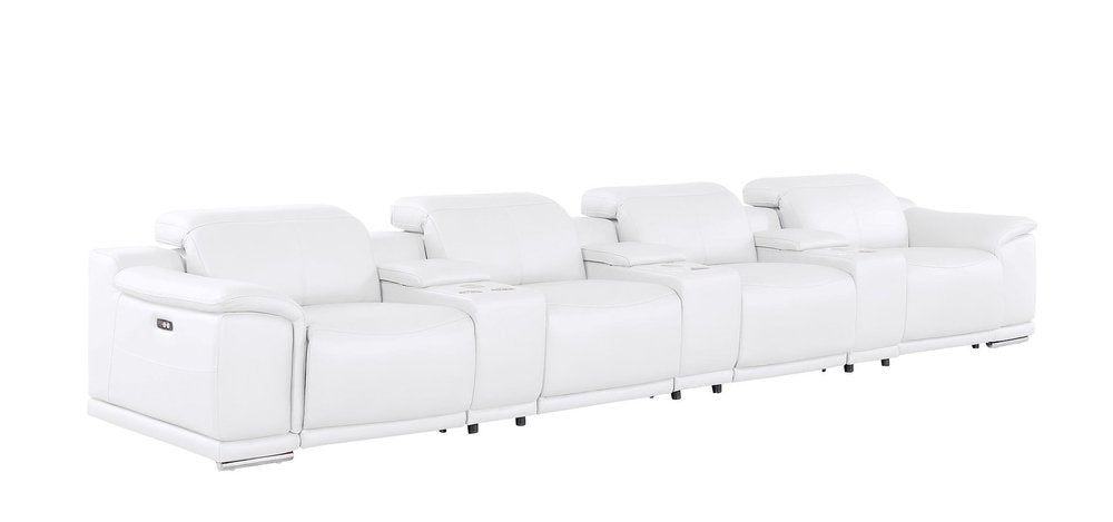 175" Beige Top Grain Leather Reclining USB and Wireless Charger Sofa And Storage