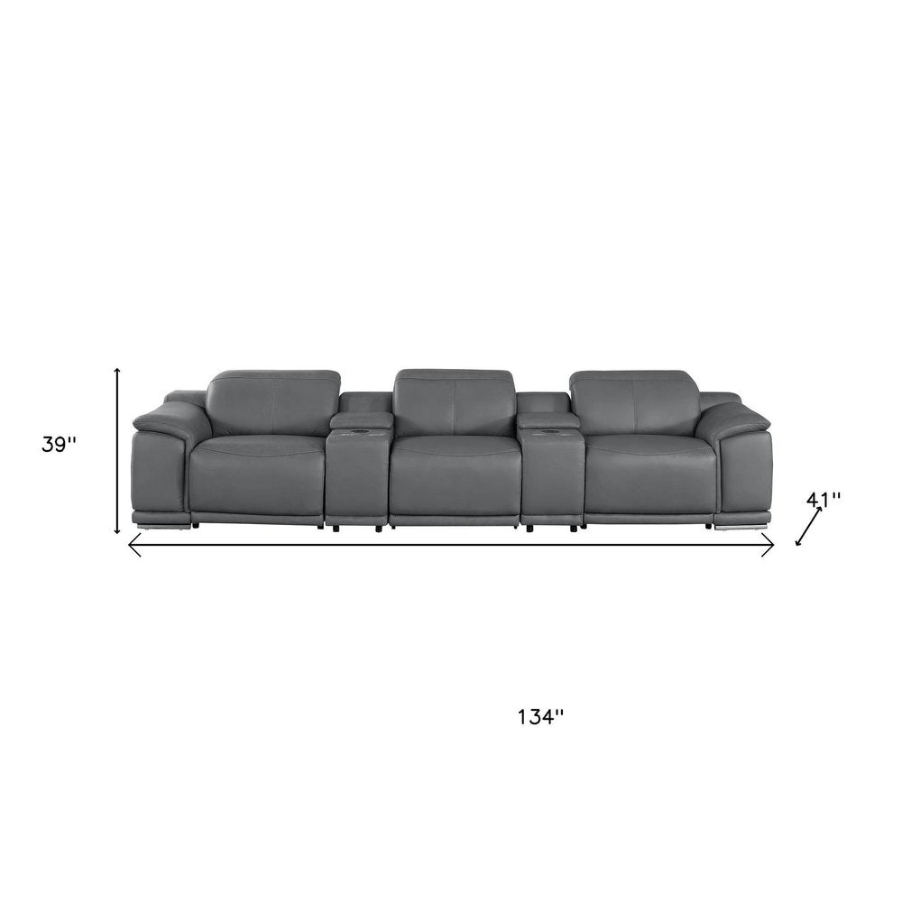 134" Beige Top Grain Leather Reclining USB and Wireless Charger Sofa And Storage