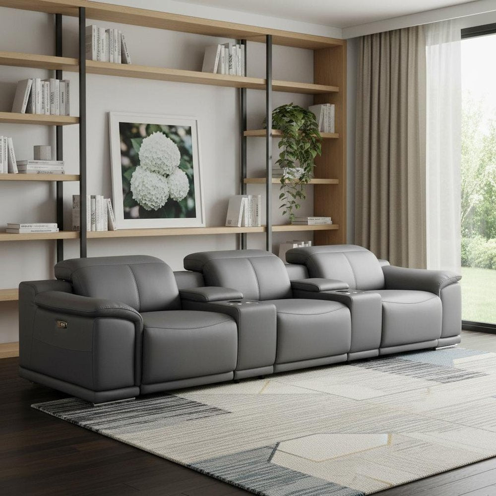 134" Beige Top Grain Leather Reclining USB and Wireless Charger Sofa And Storage