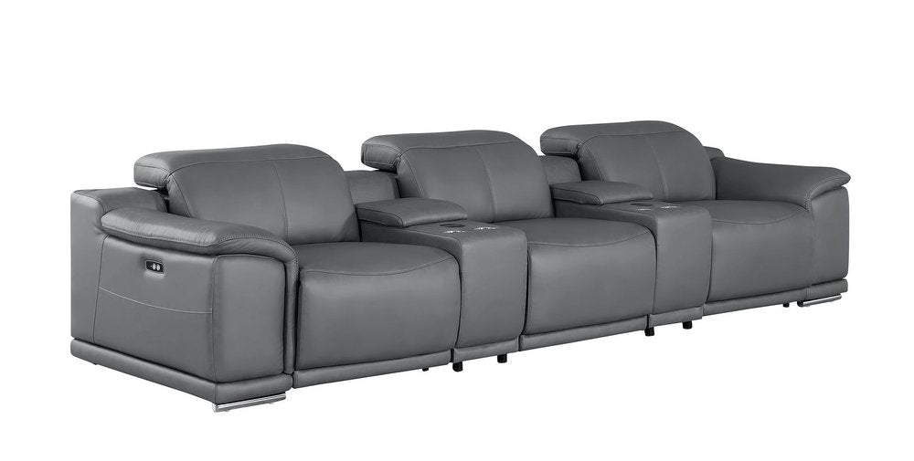 134" Beige Top Grain Leather Reclining USB and Wireless Charger Sofa And Storage
