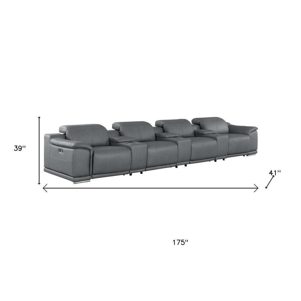 175" Beige Top Grain Leather Reclining USB and Wireless Charger Sofa And Storage