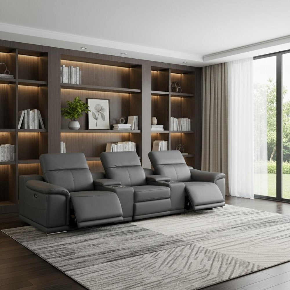 175" Beige Top Grain Leather Reclining USB and Wireless Charger Sofa And Storage