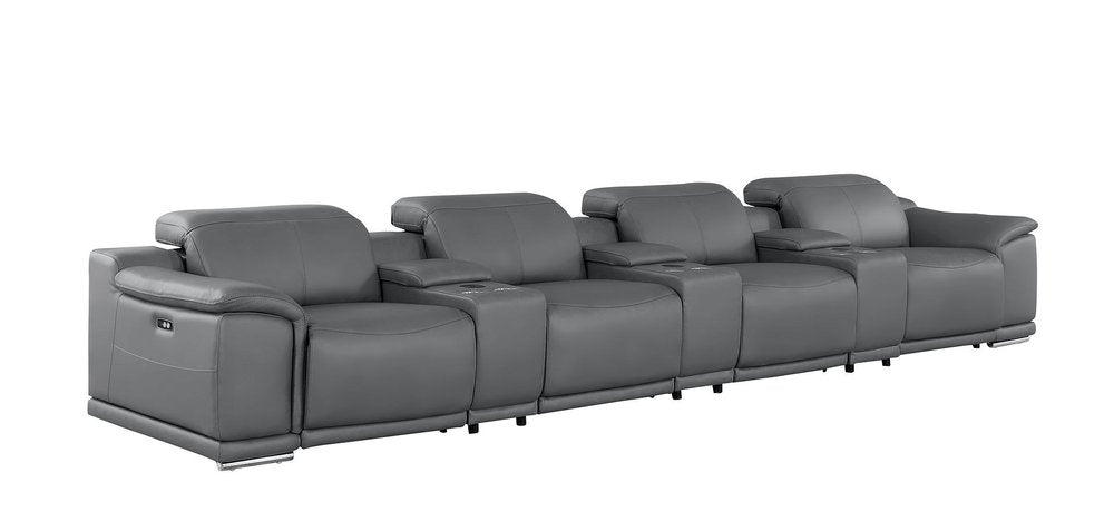 175" Beige Top Grain Leather Reclining USB and Wireless Charger Sofa And Storage