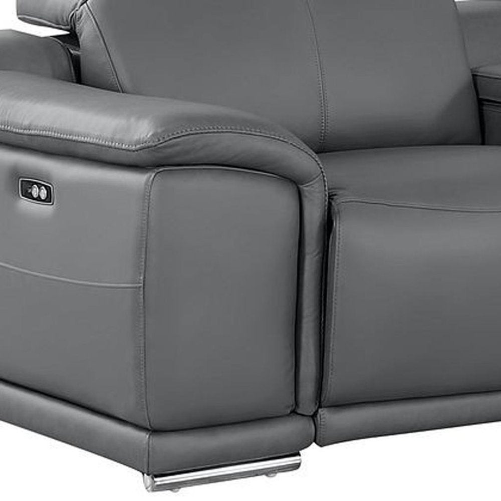 175" Beige Top Grain Leather Reclining USB and Wireless Charger Sofa And Storage