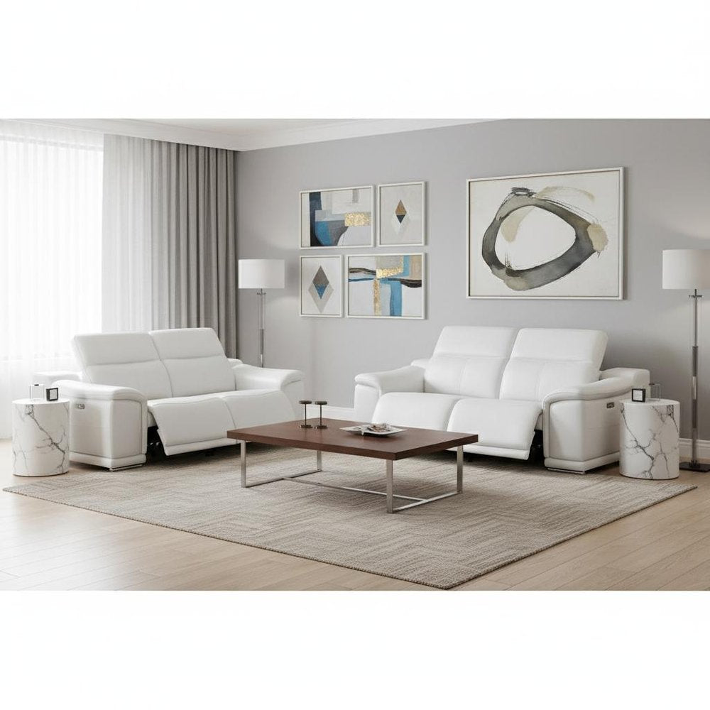Two Piece White Genuine Leather Four Person Seating Set