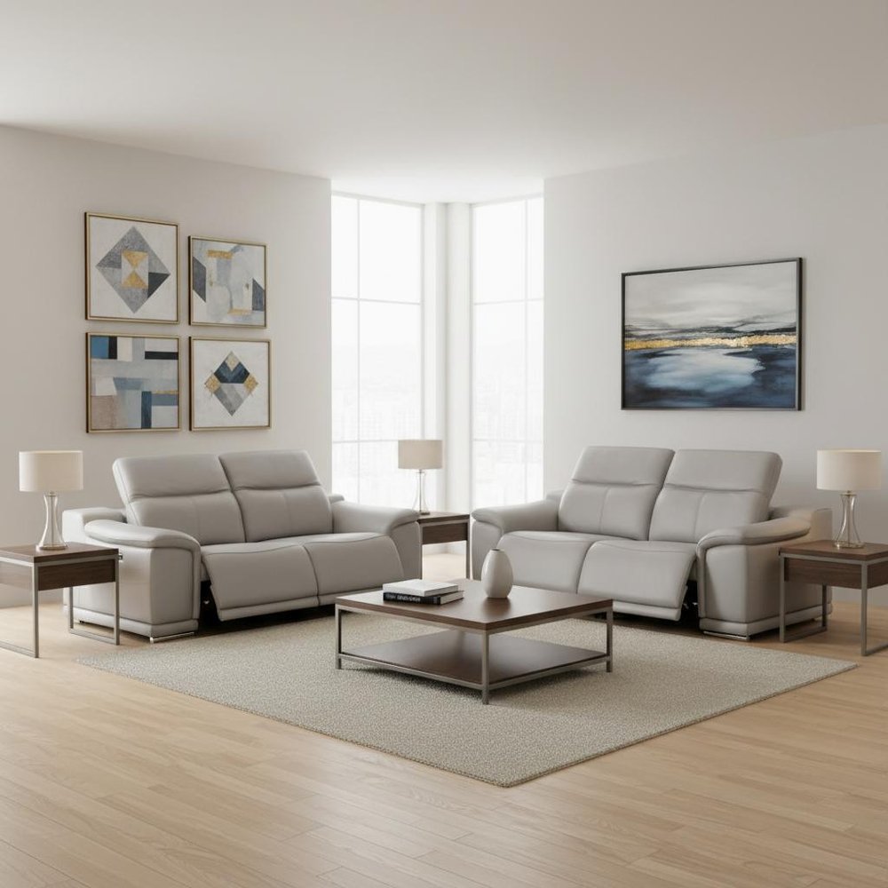 Three Piece Ash Gray Genuine Leather Five Person Seating Set