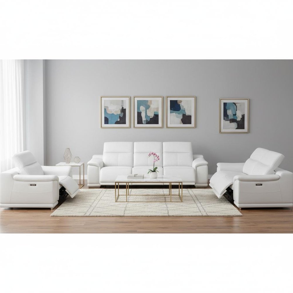 Two Piece White Genuine Leather Five Person Seating Set