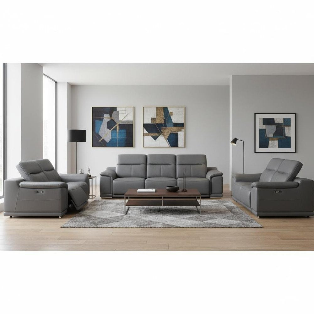 Three Piece Battleship Gray Genuine Leather Six Person Seating Set