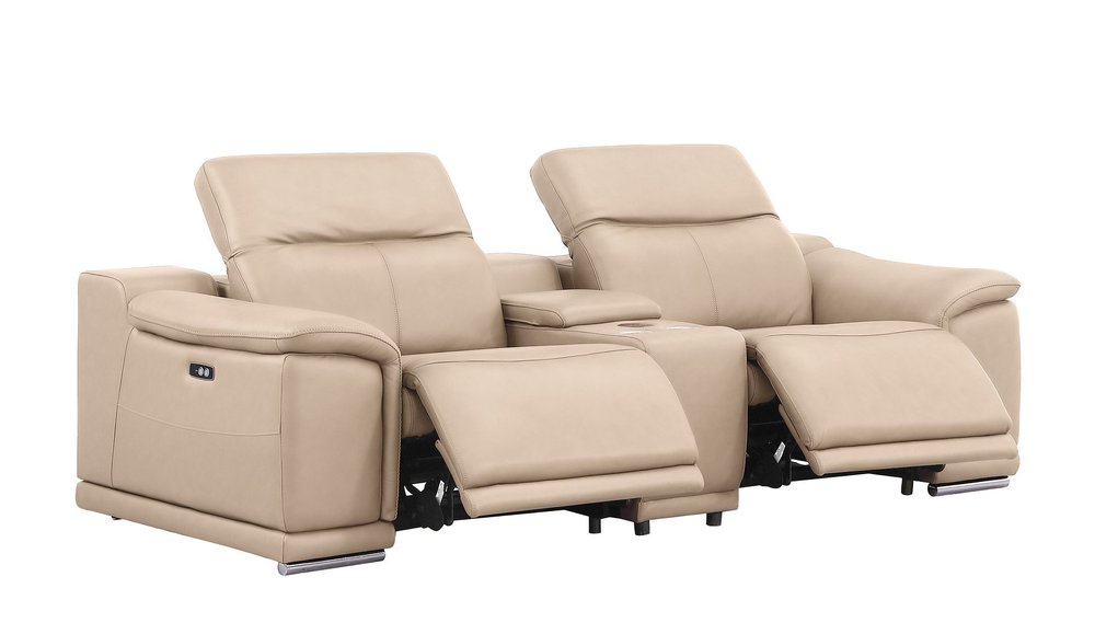 Three Piece Beige Genuine Leather Five Person Seating Set