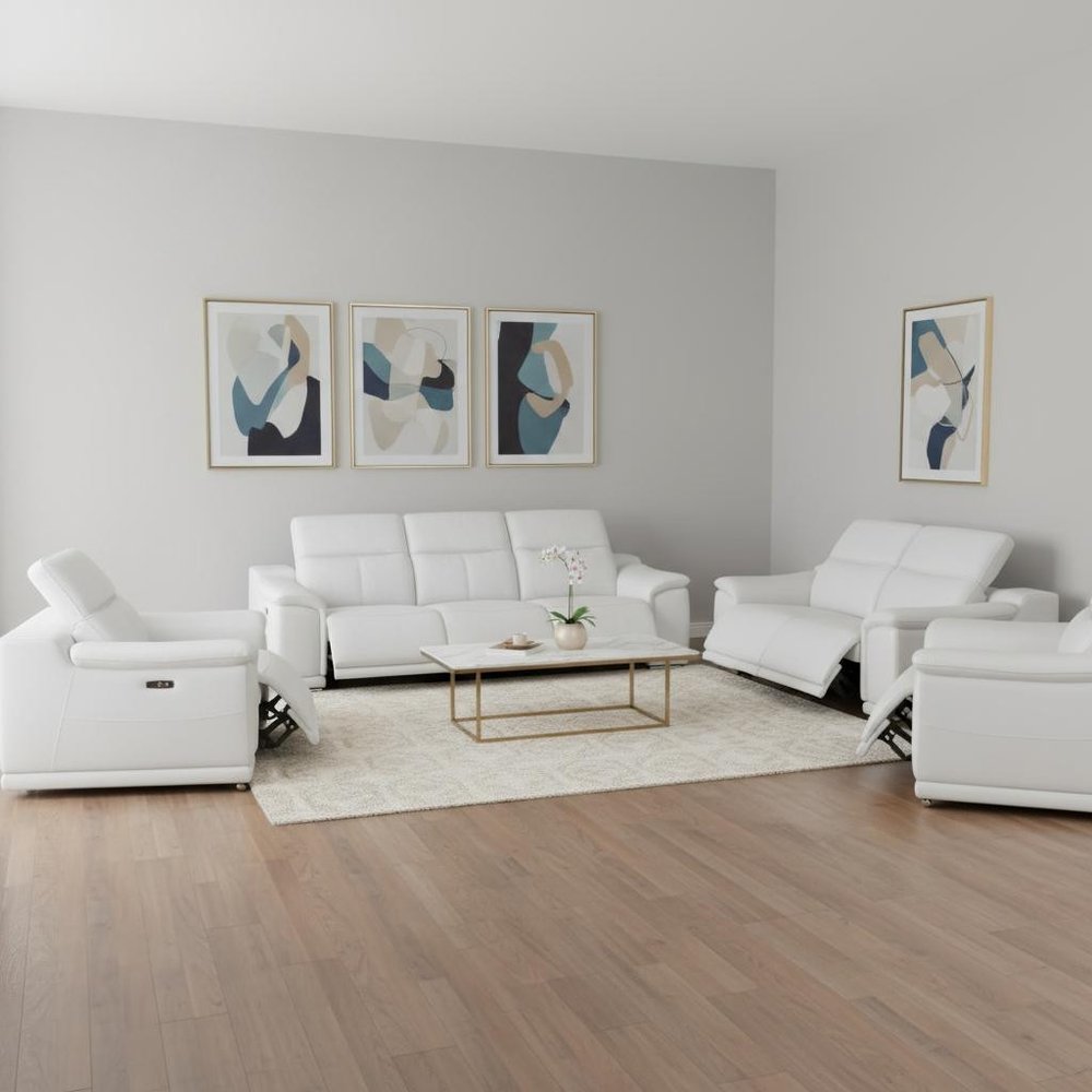 Three Piece White Genuine Leather Six Person Seating Set